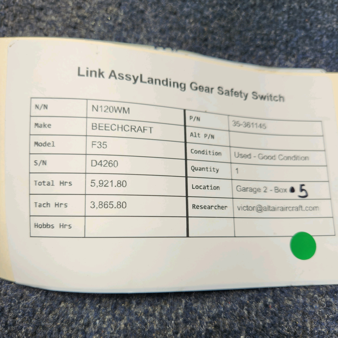 Used aircraft parts for sale, 35-361145 BEECHCRAFT F35 LINK ASSYLANDING GEAR SAFETY SWITCH