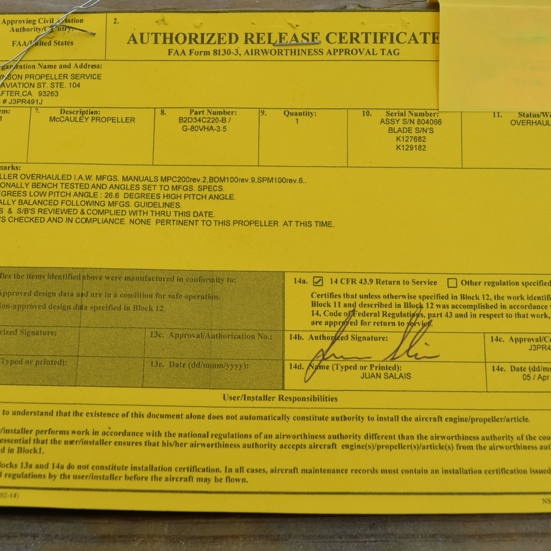 Used aircraft parts for sale, B2D34C220-B Cessna 172RG MCCAULEY - 2 BLADE PROPELLER (HUB PARTS ONLY SEE DETAILS)