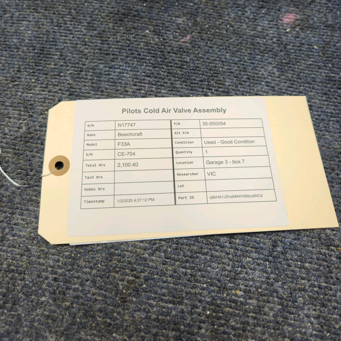 Used aircraft parts for sale, 35-550054 Beechcraft F33A PILOTS COLD AIR VALVE ASSEMBLY