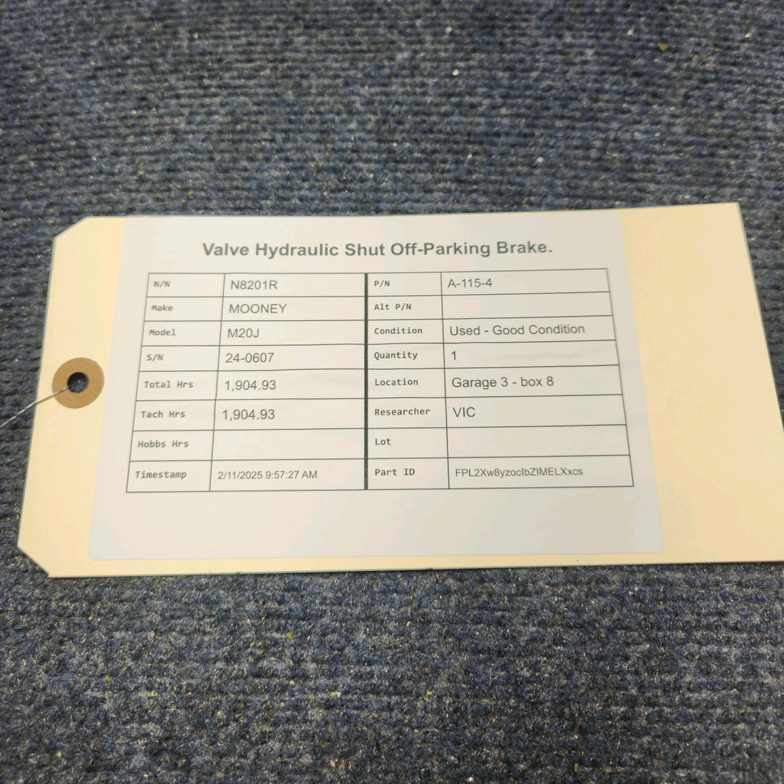 Used aircraft parts for sale, A-115-4 Mooney M20J VALVE HYDRAULIC SHUT OFF-PARKING BRAKE.