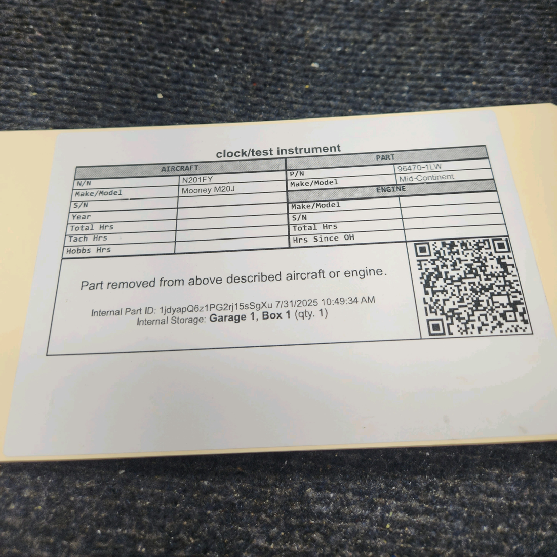 Used aircraft parts for sale, 96470‑1LW Mid-Continent Mooney M20J Clock/Test Instrument - Missing Knob