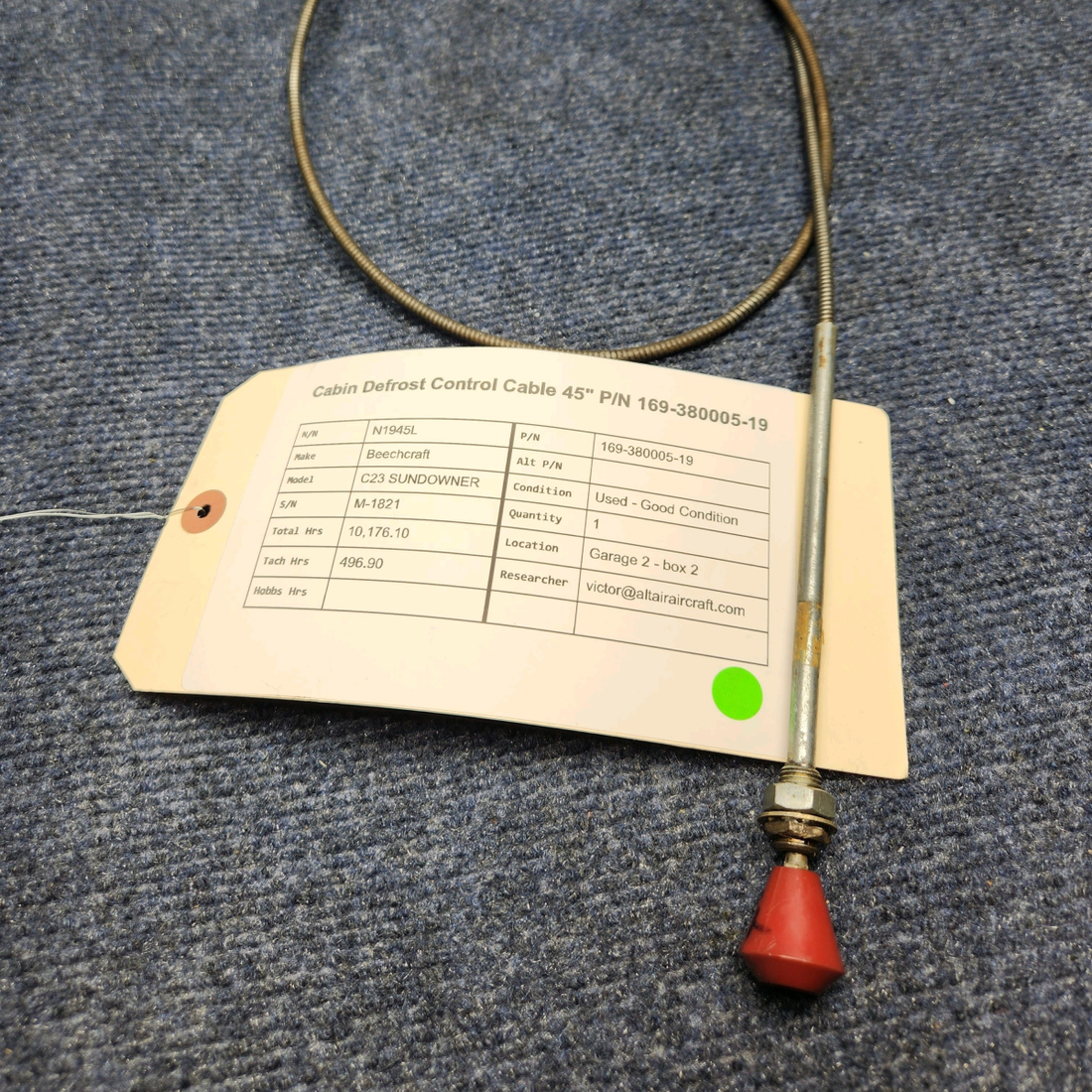 Used aircraft parts for sale, 169-380005-19 Beechcraft C23 SUNDOWNER CABIN DEFROST CONTROL CABLE 45"