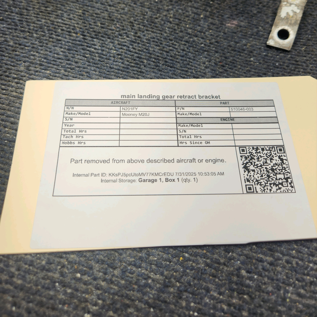 Used aircraft parts for sale, 510046‑003 Mooney M20J Main Landing Gear Retract Bracket