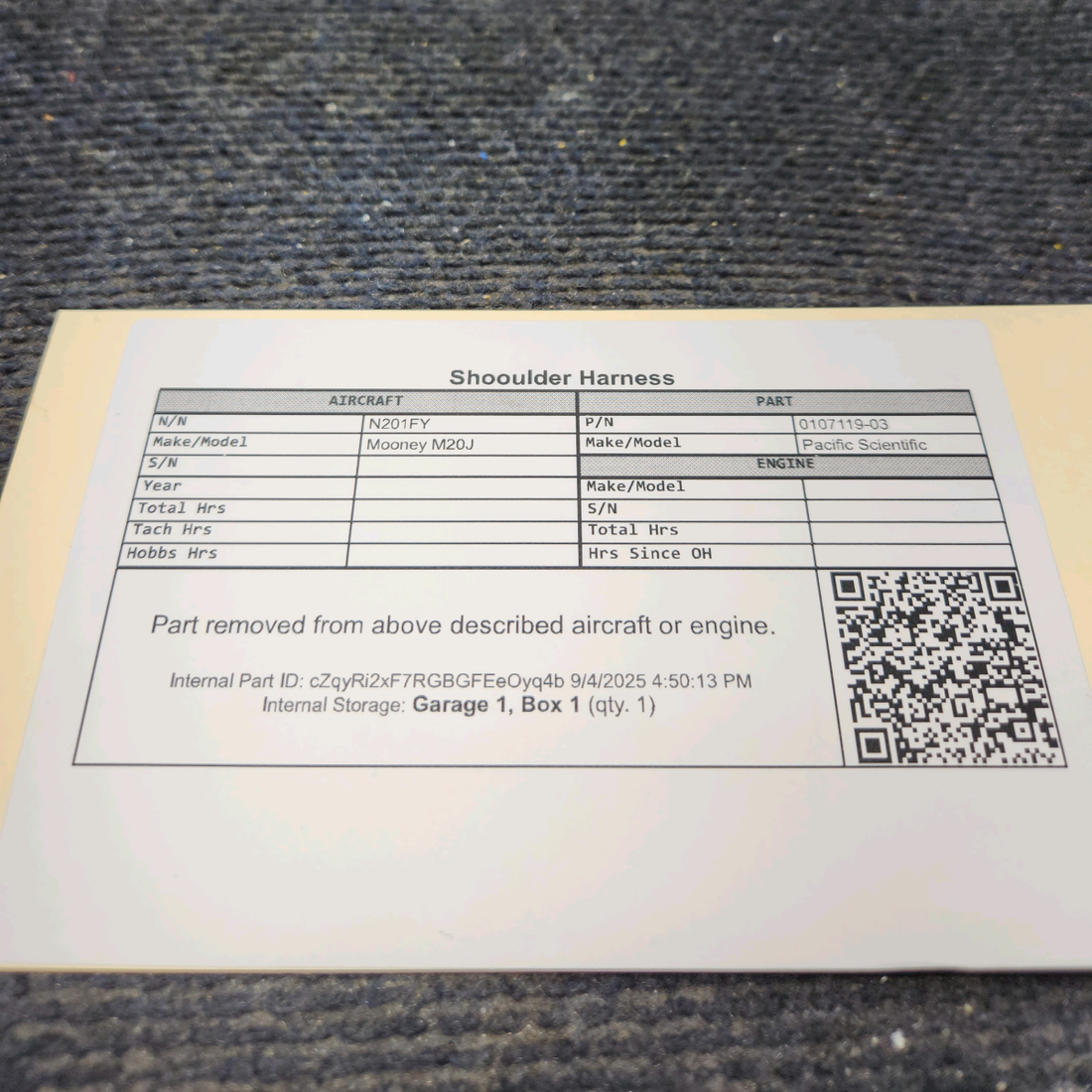 Used aircraft parts for sale, 0107119-03 Pacific Scientific Mooney M20J Shoulder Harness