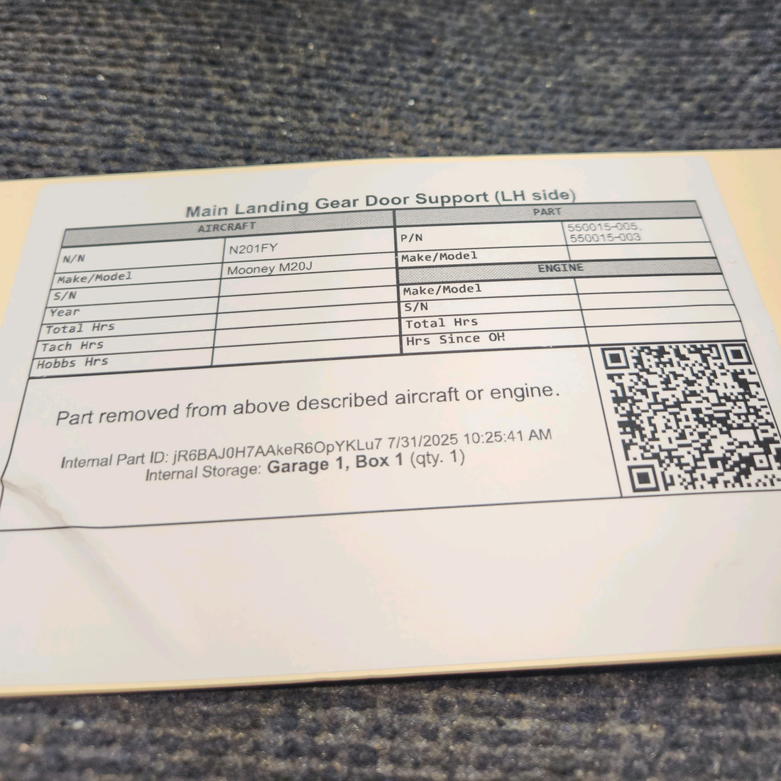 Used aircraft parts for sale, 550015‑005 Mooney M20J Main Landing Gear Door Support - LH