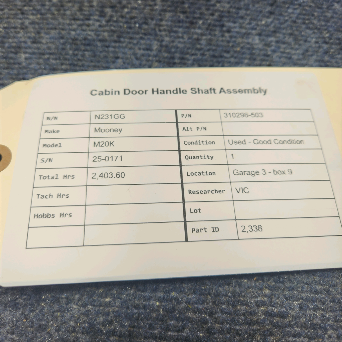 Used aircraft parts for sale, 310298-503 Mooney M20K CABIN DOOR HANDLE SHAFT ASSEMBLY