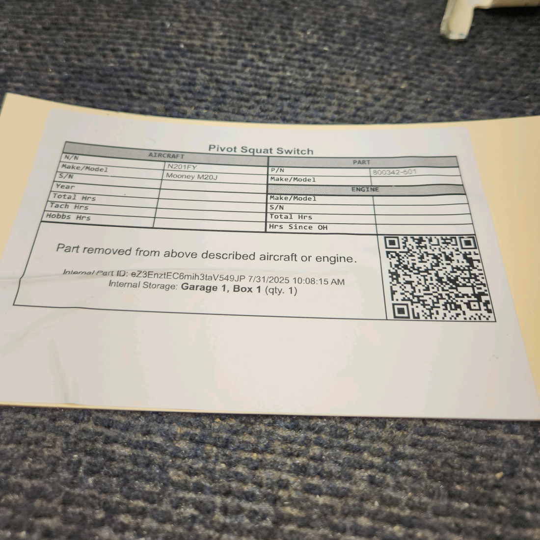 Used aircraft parts for sale, 800342‑501 Mooney M20J Pivot Squat Switch