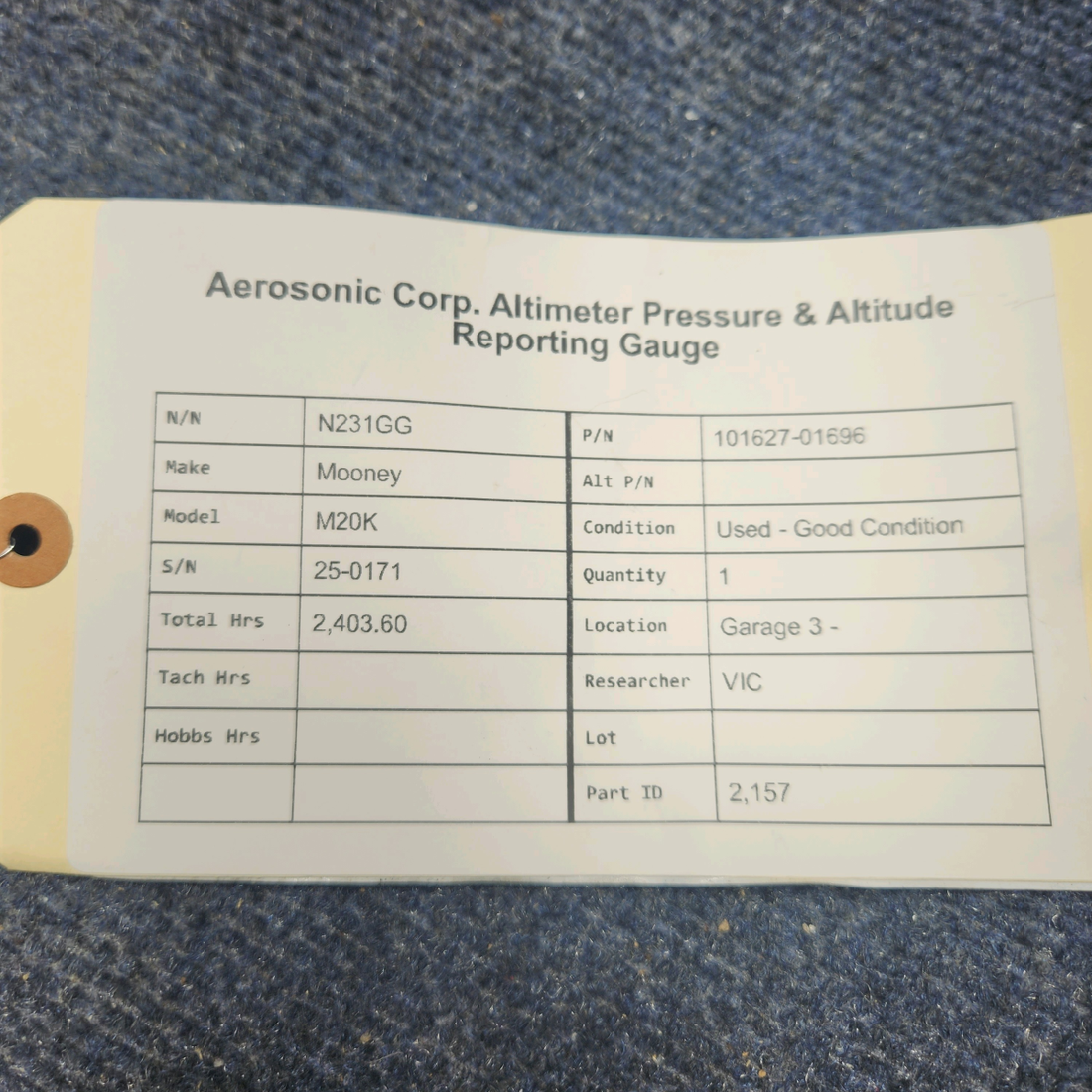 Used aircraft parts for sale, 101627-01696 Aerosonic Corp Mooney M20K ALTIMETER PRESSURE & ALTITUDE REPORTING GAUGE