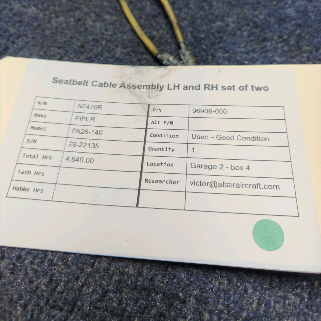 Used aircraft parts for sale, 96908-000 PIPER PA28-140 SEATBELT CABLE ASSEMBLY LH AND  RH SET OF TWO