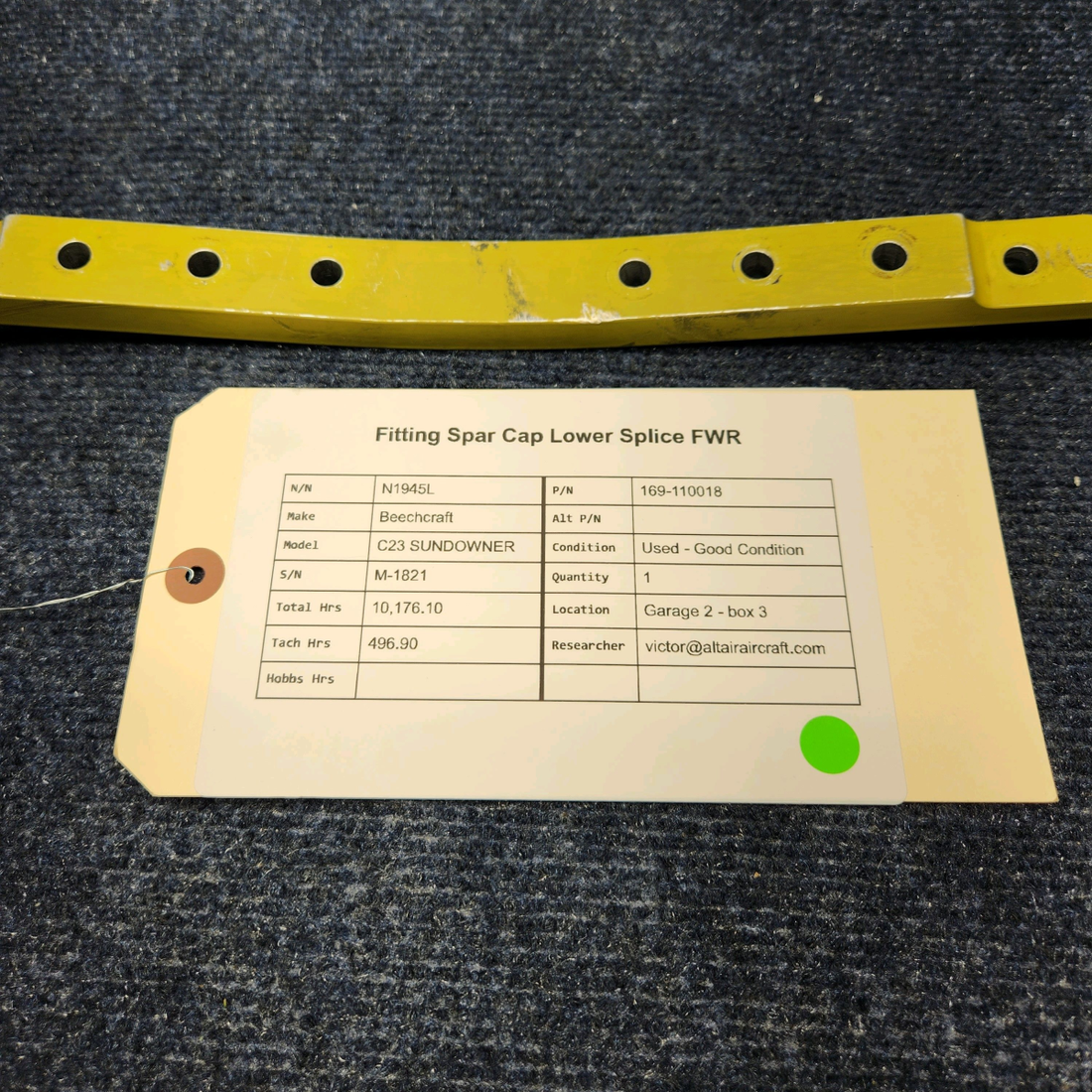 Used aircraft parts for sale, 169-110018 Beechcraft C23 SUNDOWNER FITTING SPAR CAP LOWER SPLICE FWR