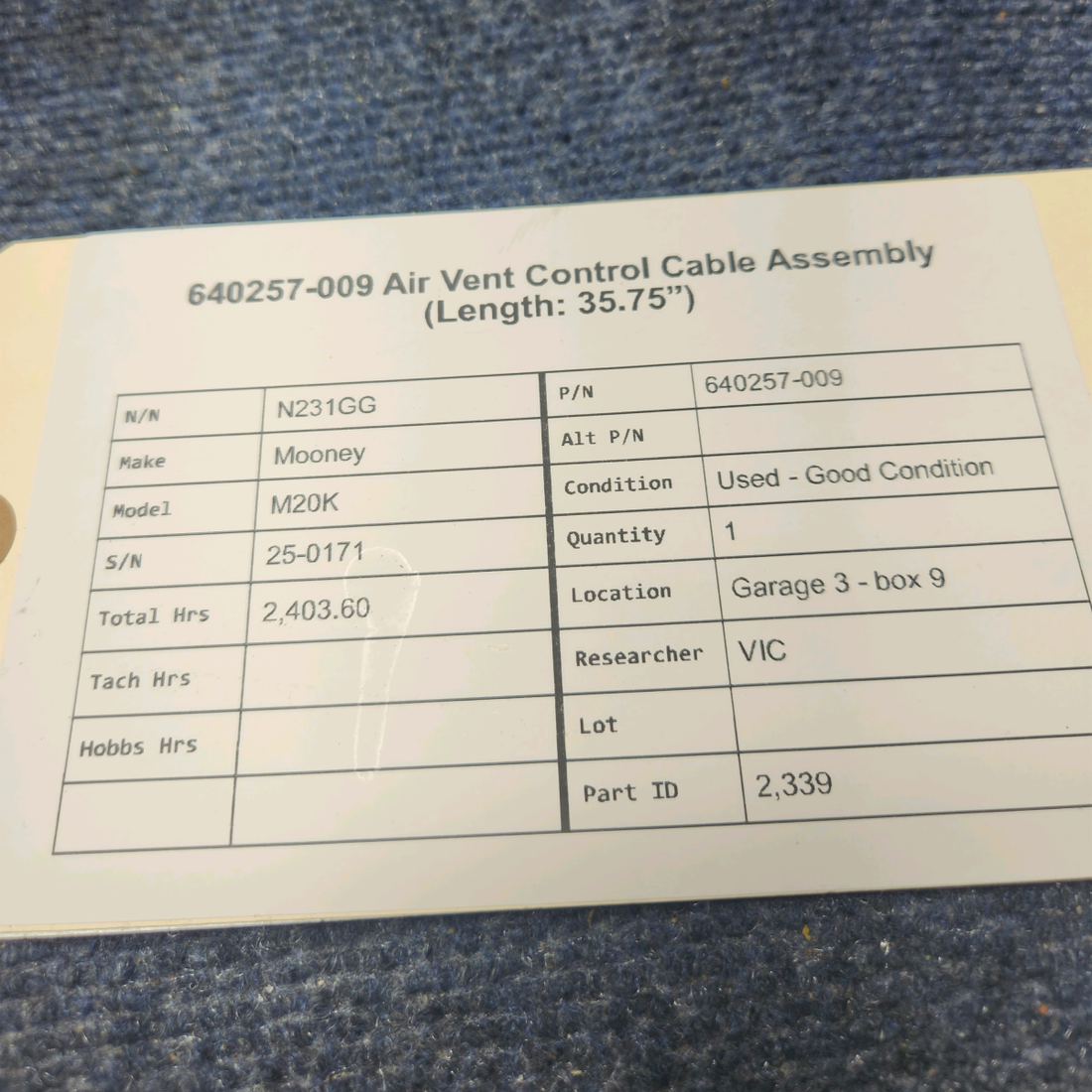 Used aircraft parts for sale, 640257-009 Mooney M20K AIR VENT CONTROL CABLE ASSEMBLY (LENGTH: 35.75”)