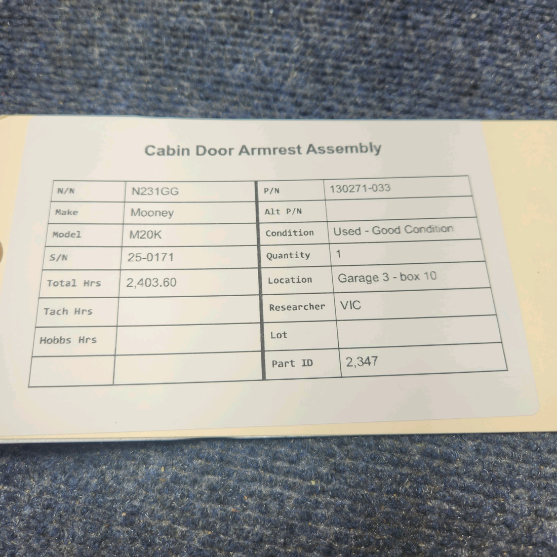 Used aircraft parts for sale, 130271-033 Mooney M20K CABIN DOOR ARMREST ASSEMBLY