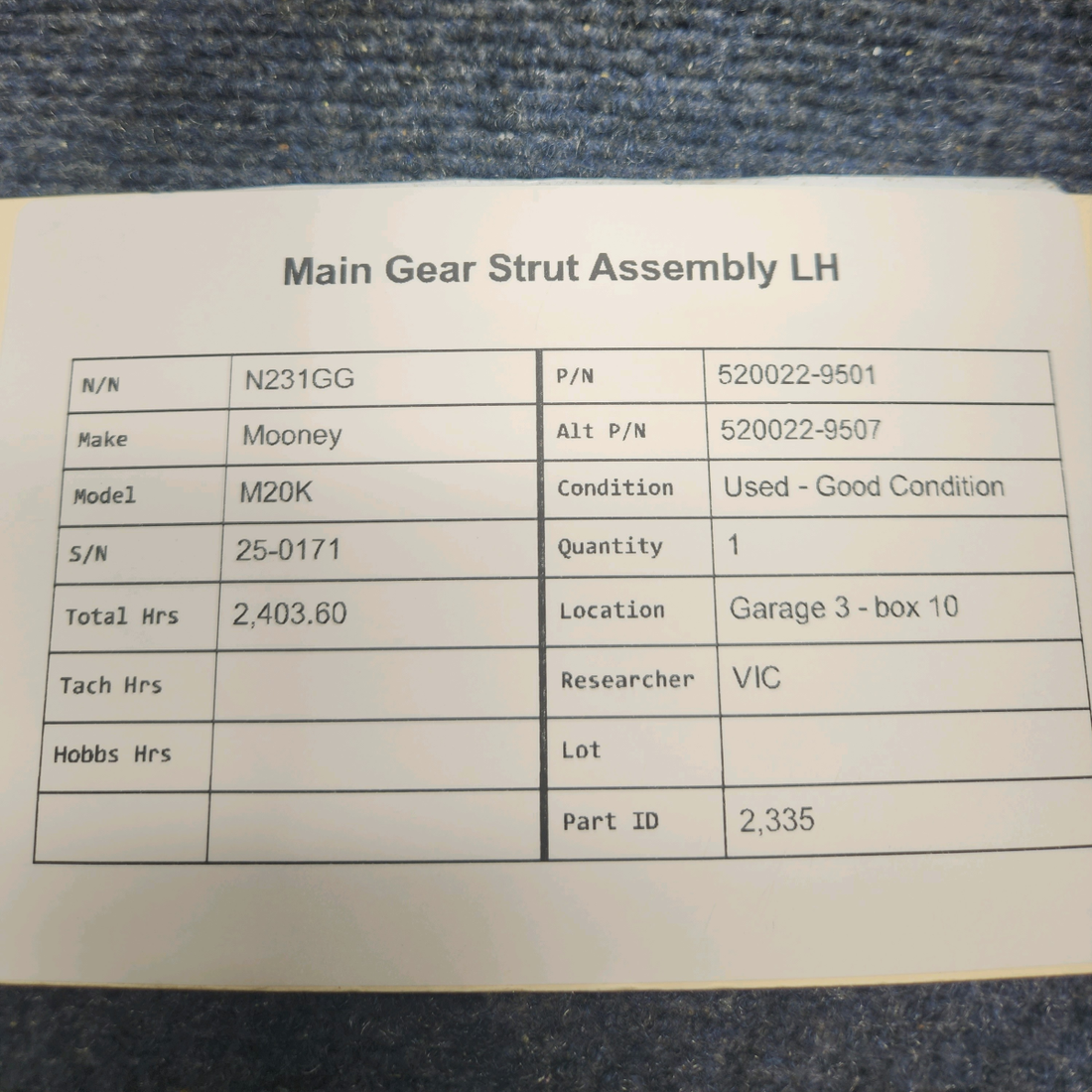 Used aircraft parts for sale, 520022-9501 Mooney M20K MAIN GEAR STRUT ASSEMBLY LH