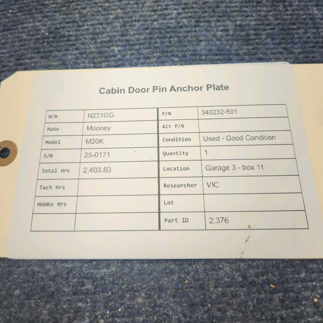 Used aircraft parts for sale, 340232-501 Mooney M20K CABIN DOOR PIN ANCHOR PLATE