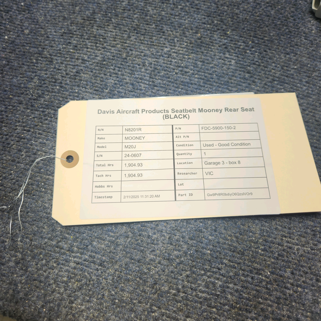 Used aircraft parts for sale, FDC-5900-150-2 Davis Aircraft Products Mooney M20J SEATBELT MOONEY REAR SEAT (BLACK)