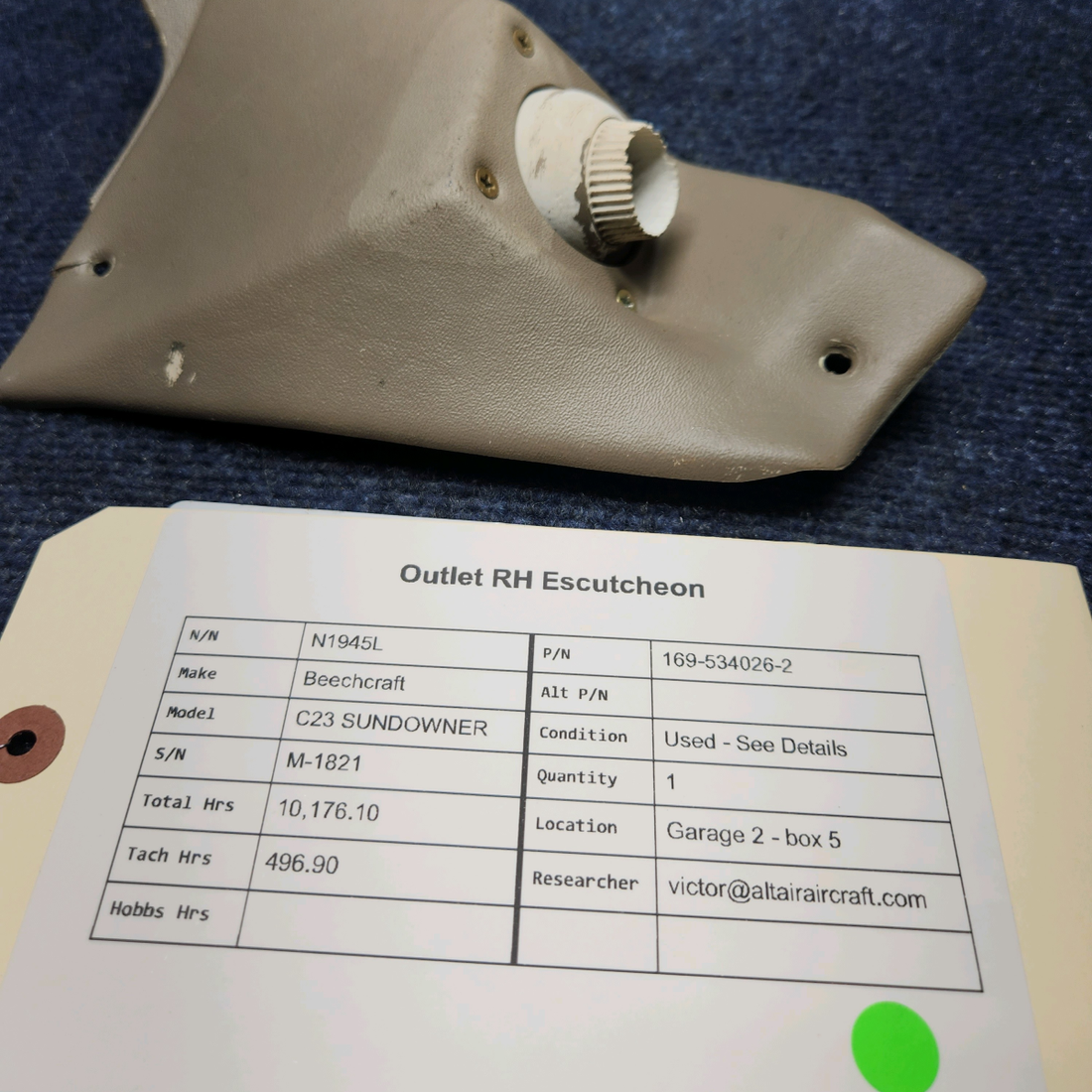 Used aircraft parts for sale, 169-534026-2 Beechcraft C23 SUNDOWNER OUTLET RH ESCUTCHEON