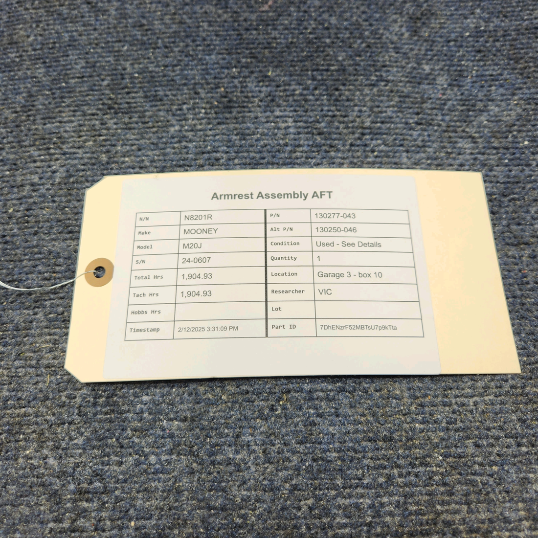 Used aircraft parts for sale, 130277-043 Mooney M20J ARMREST ASSEMBLY AFT