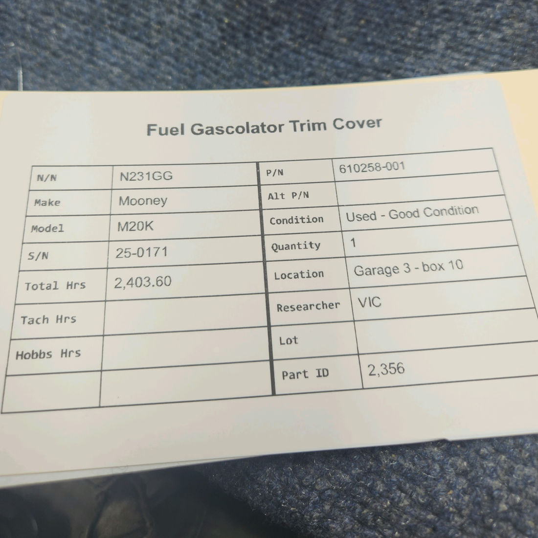 Used aircraft parts for sale, 610258-001 Mooney M20K FUEL GASCOLATOR TRIM COVER