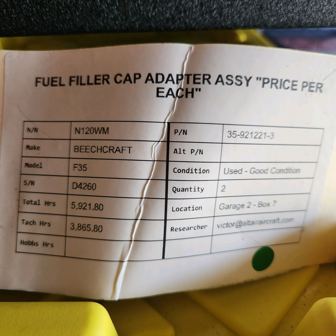 Used aircraft parts for sale, 35-921221-3 BEECHCRAFT F35 FUEL FILLER CAP ADAPTER ASSY "PRICE PER EACH"