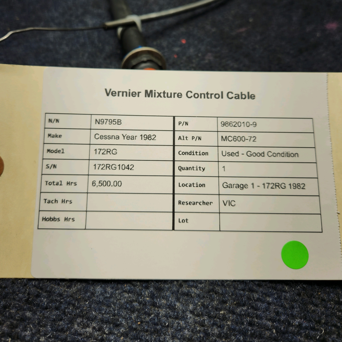 Used aircraft parts for sale, 9862010-9 Cessna Cessna Year 1982 172RG VERNIER MIXTURE CONTROL CABLE