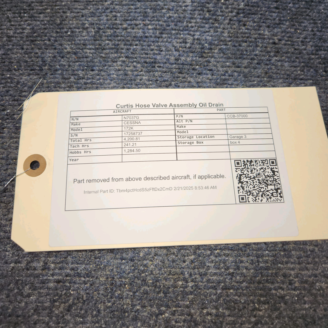 Used aircraft parts for sale, CCB-37000 CESSNA 172K CURTIS HOSE VALVE ASSEMBLY OIL DRAIN