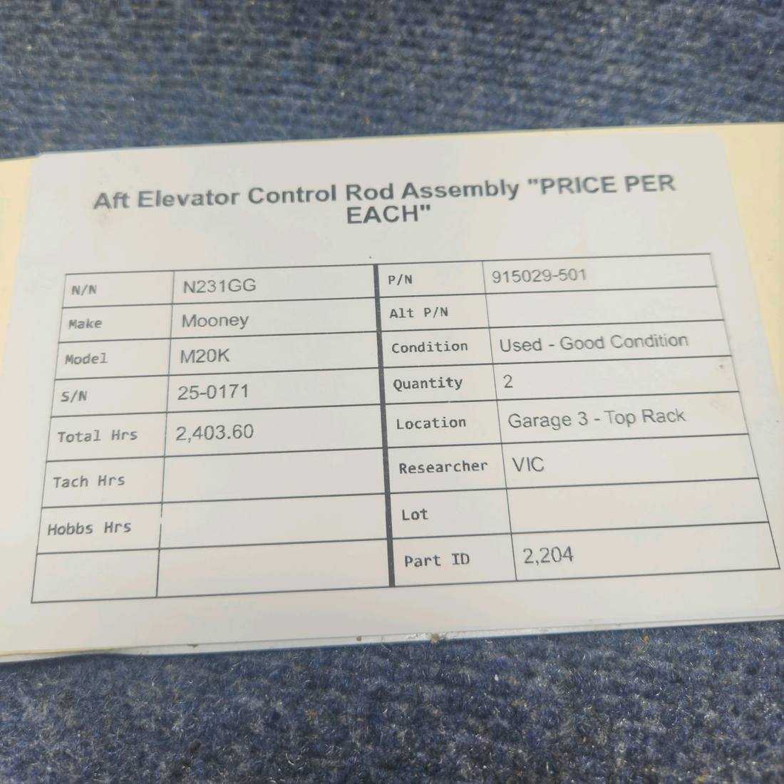 Used aircraft parts for sale, 915029-501 Mooney M20K AFT ELEVATOR CONTROL ROD ASSEMBLY  "PRICE PER EACH"