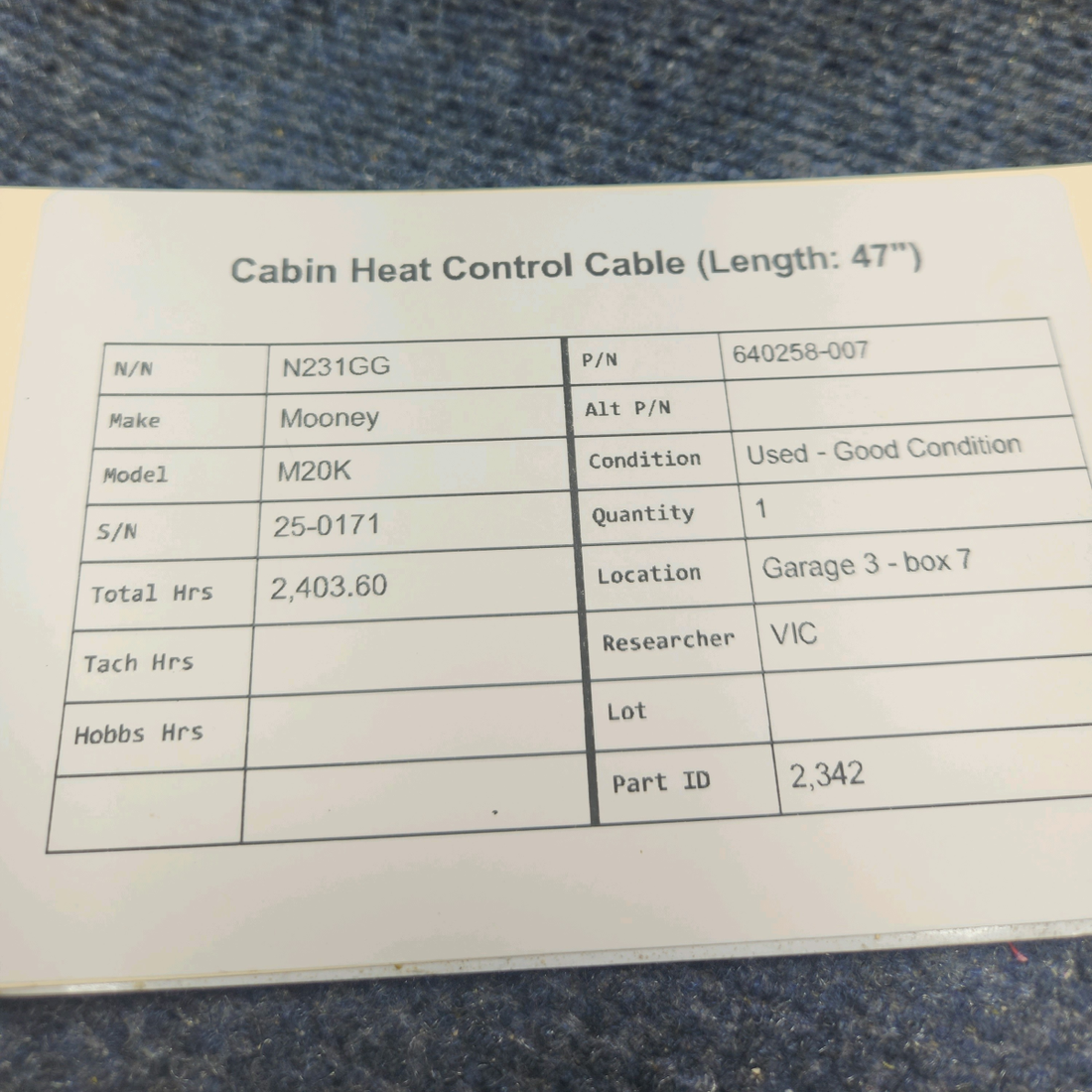 Used aircraft parts for sale, 640258-007 Mooney M20K CABIN HEAT CONTROL CABLE (LENGTH: 47")