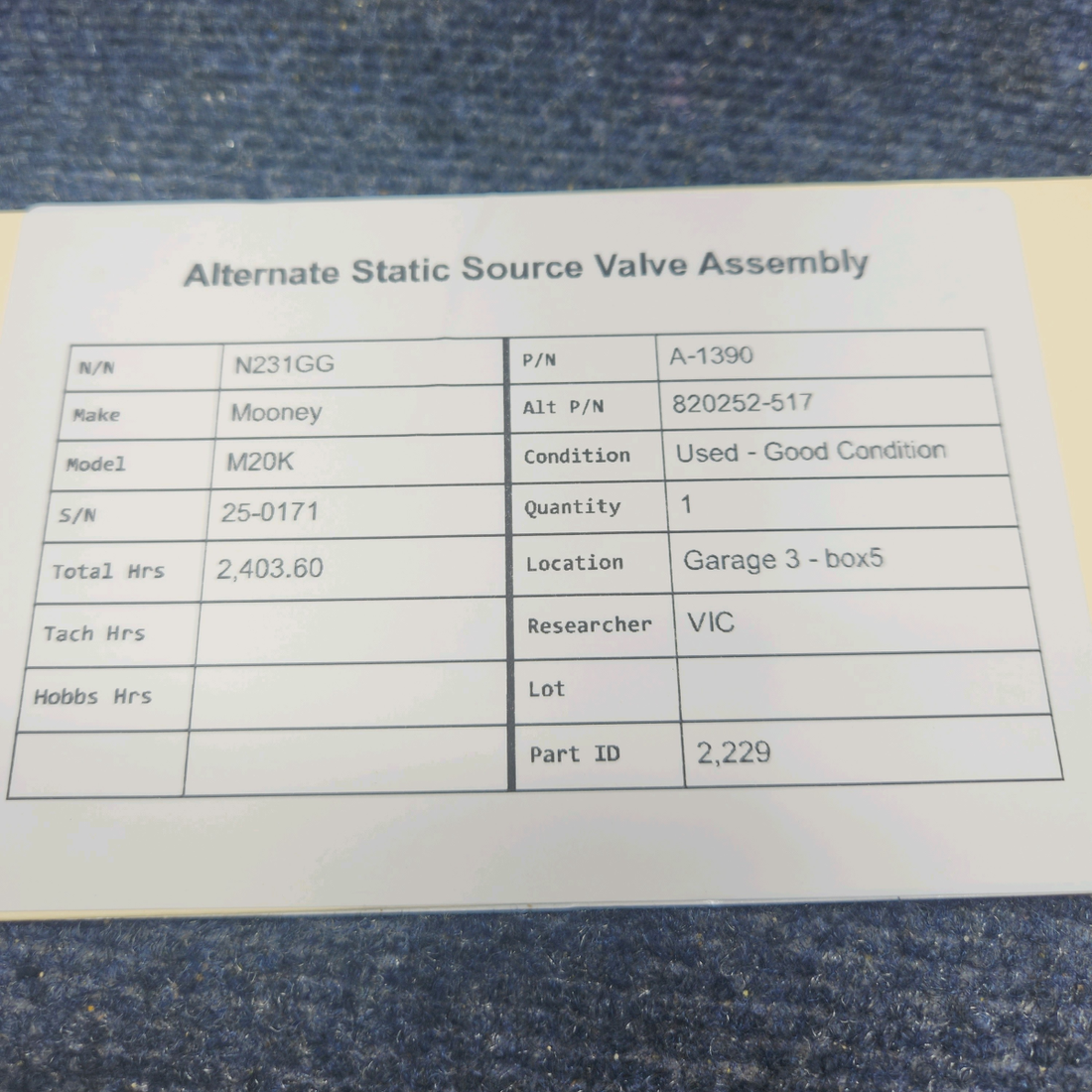 Used aircraft parts for sale, A-1390 Mooney M20K ALTERNATE STATIC SOURCE VALVE ASSEMBLY