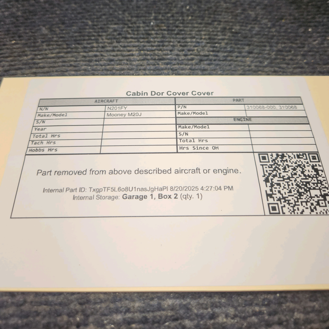 Used aircraft parts for sale, 310068-000 Mooney M20J Cabin Door Cover Plate Assembly