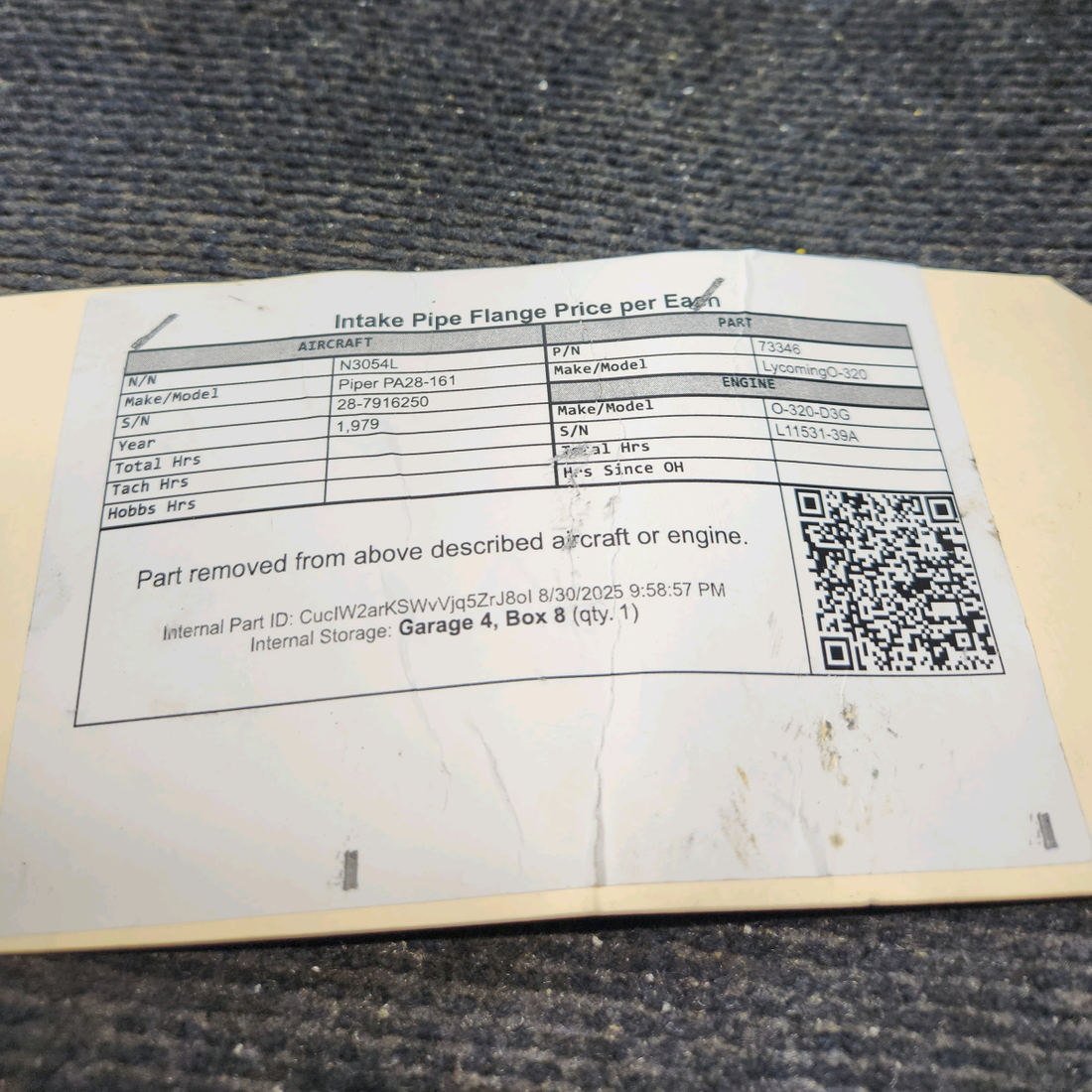 Used aircraft parts for sale, 73346 Lycoming O-320 Piper PA28-161 Intake Pipe Flange - Price per Each