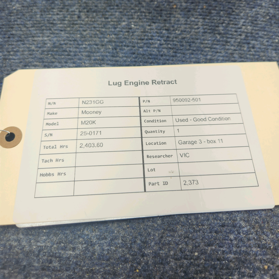 Used aircraft parts for sale, 950092-501 Mooney M20K LUG ENGINE RETRACT