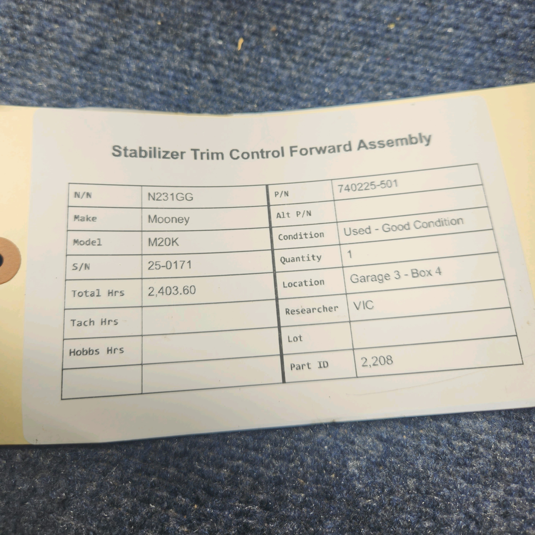 Used aircraft parts for sale, 740225-501 Mooney M20K STABILIZER TRIM CONTROL FORWARD ASSEMBLY