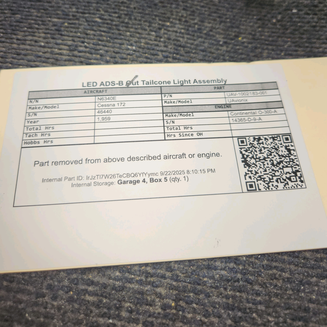 Used aircraft parts for sale, UAV-1002183-001 UAvionix Cessna 172 LED ADS-B Out Tailcone Light Assembly