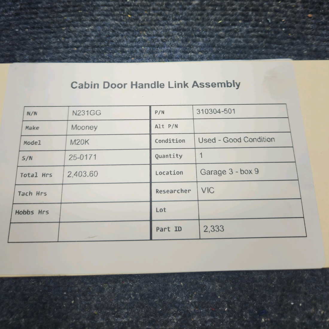 Used aircraft parts for sale, 310304-501 Mooney M20K CABIN DOOR HANDLE LINK ASSEMBLY