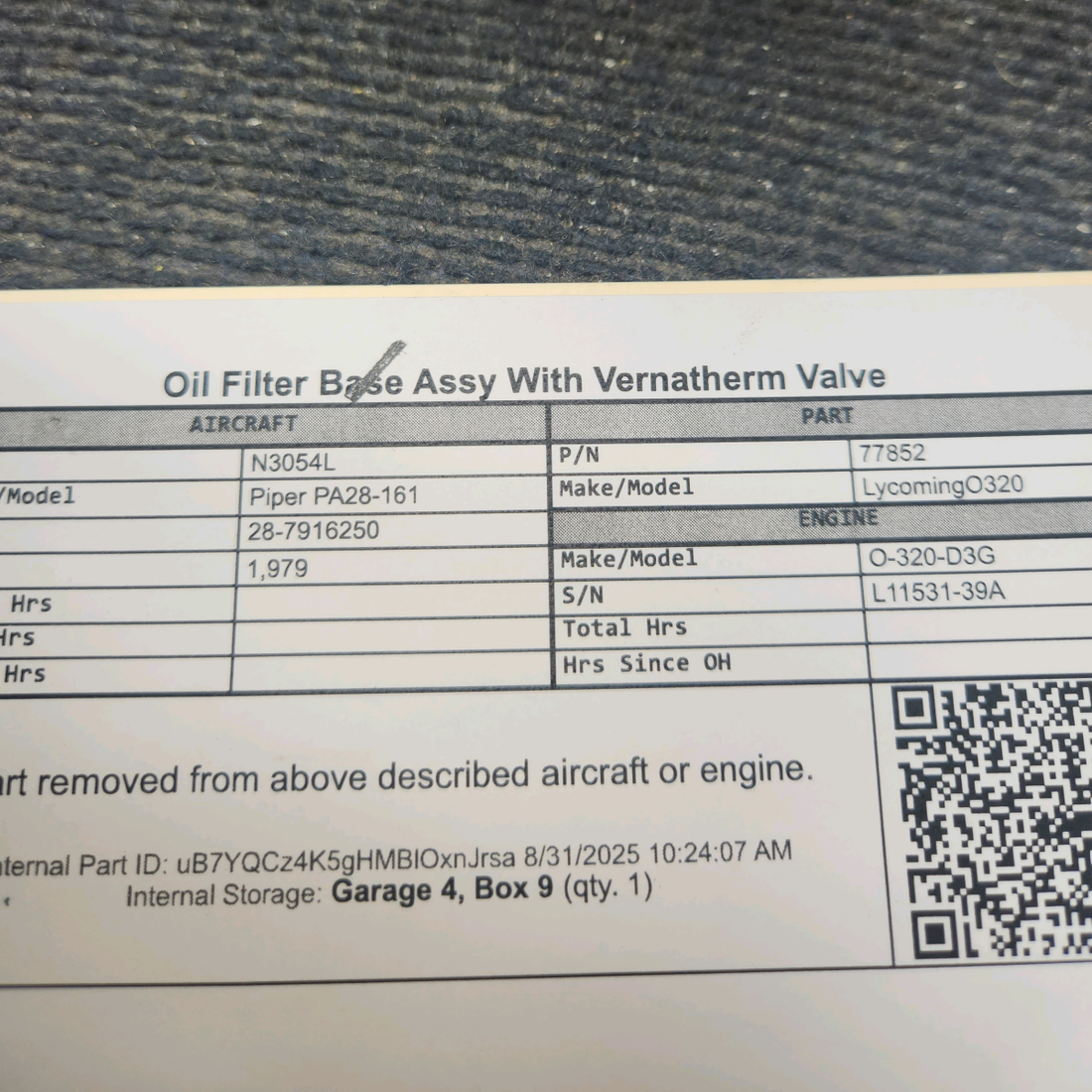Used aircraft parts for sale, 77852 Lycoming O-320 Piper PA28-161 Oil Filter Base Assembly with Vernatherm Valve