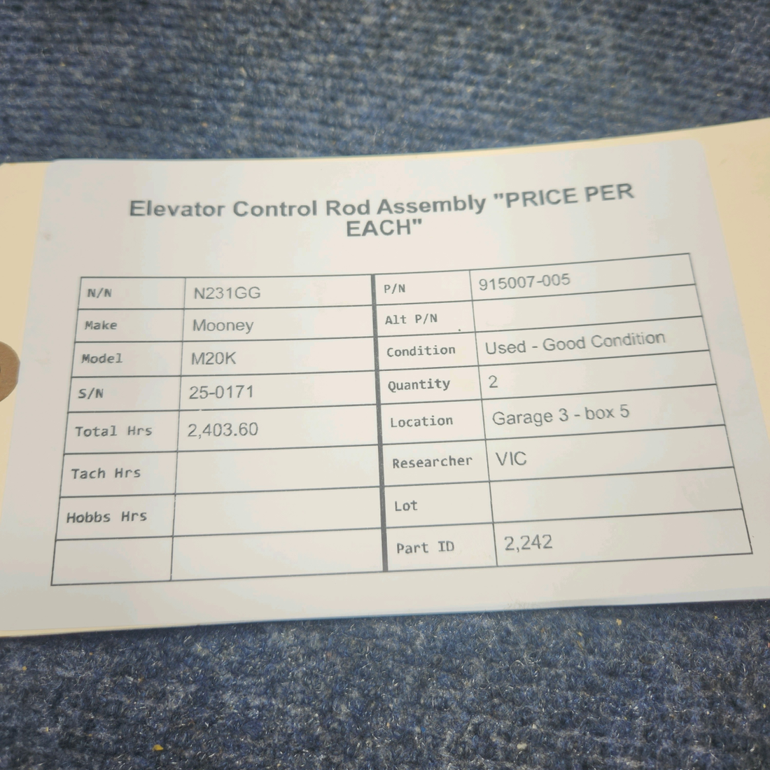Used aircraft parts for sale, 915007-005 Mooney M20K ELEVATOR CONTROL ROD ASSEMBLY "PRICE PER EACH"
