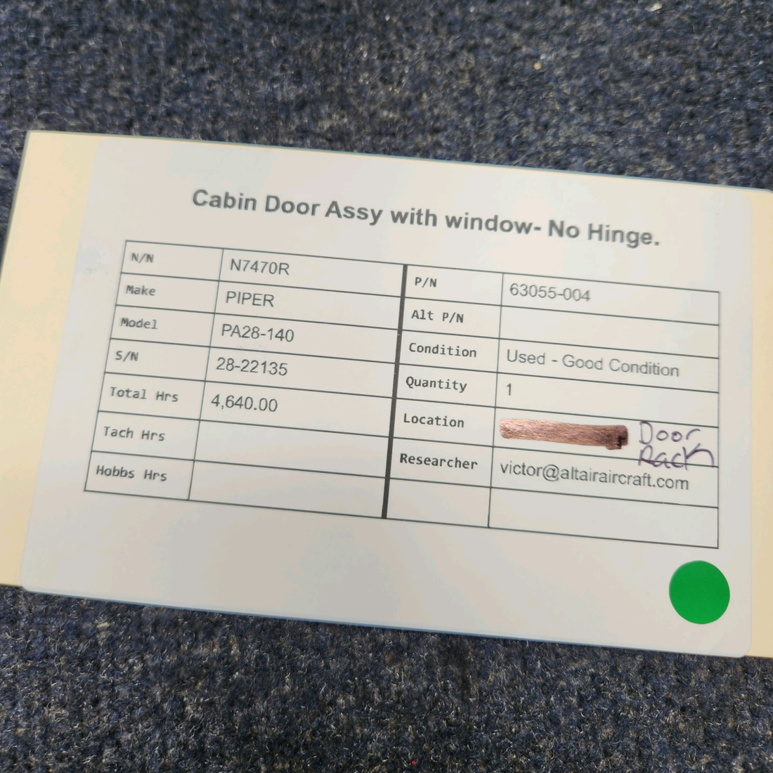 Used aircraft parts for sale, 63055-004 PIPER PA28-140 CABIN DOOR ASSY WITH WINDOW- NO HINGE.