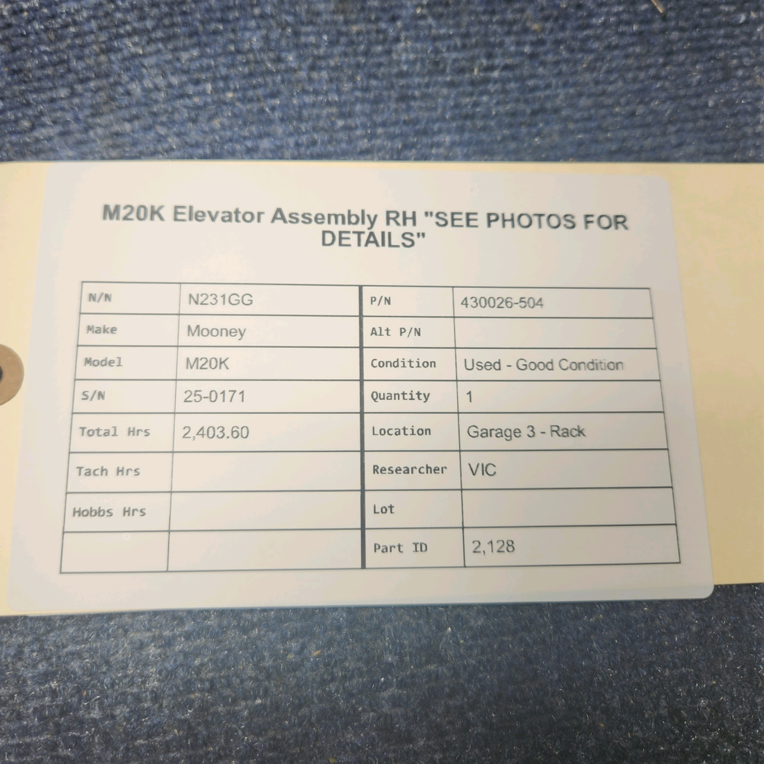 Used aircraft parts for sale, 430026-504 Mooney M20K ELEVATOR ASSEMBLY RH "SEE PHOTOS FOR DETAILS"