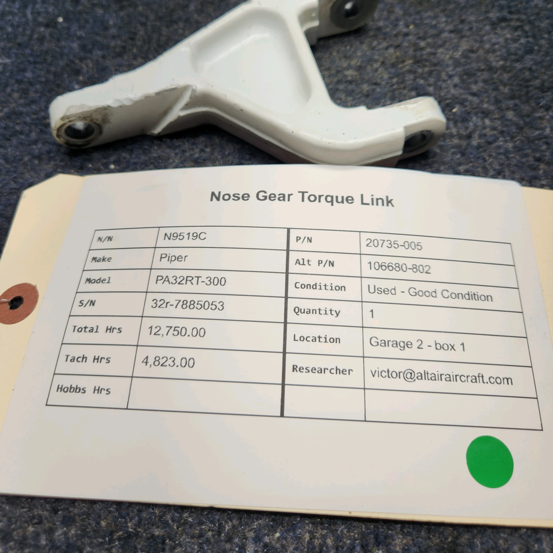 Used aircraft parts for sale, 20735-005 Piper PA32RT-300 NOSE GEAR TORQUE LINK