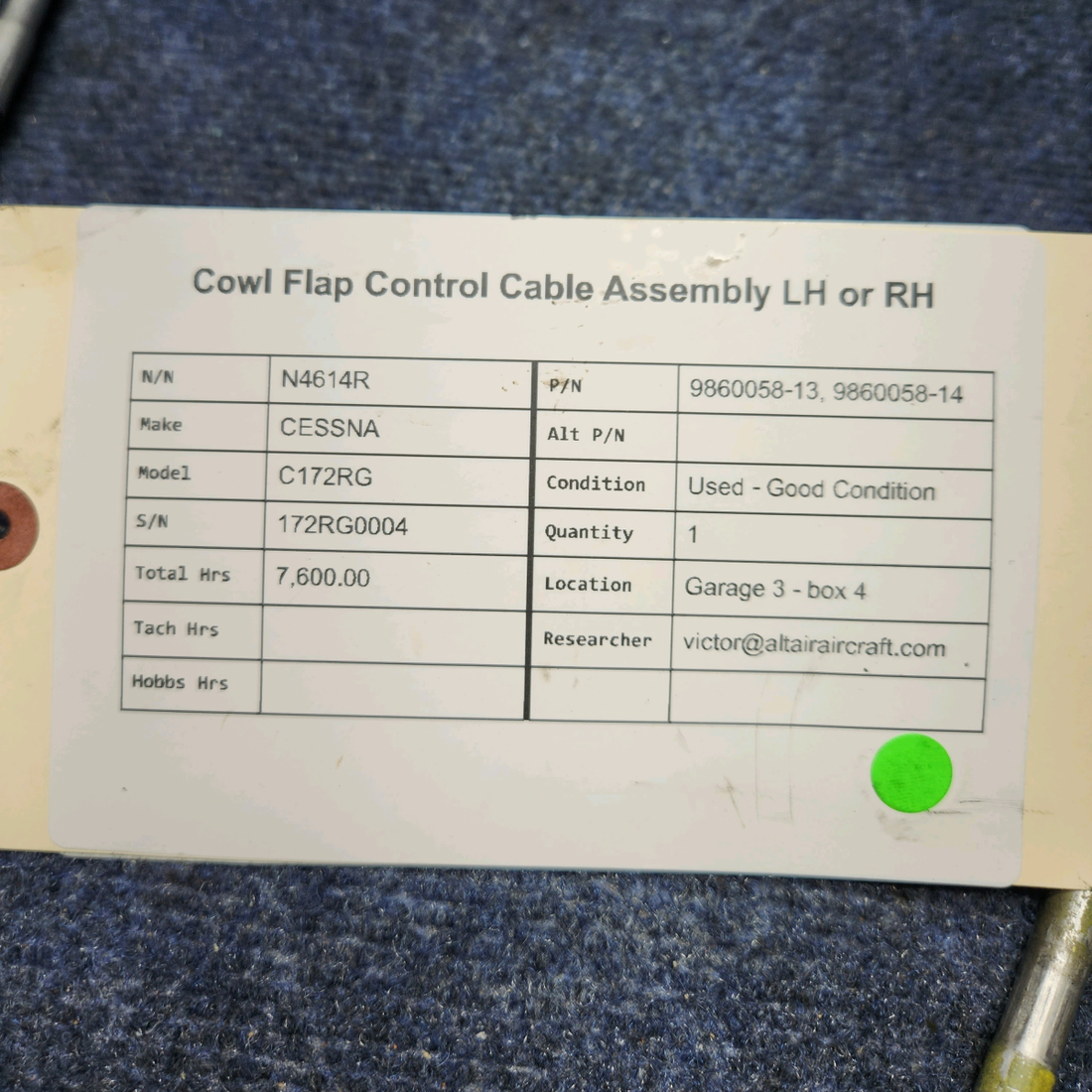 Used aircraft parts for sale, 9860058-13, 9860058-14 CESSNA C172RG COWL FLAP CONTROL CABLE ASSEMBLY LH OR RH