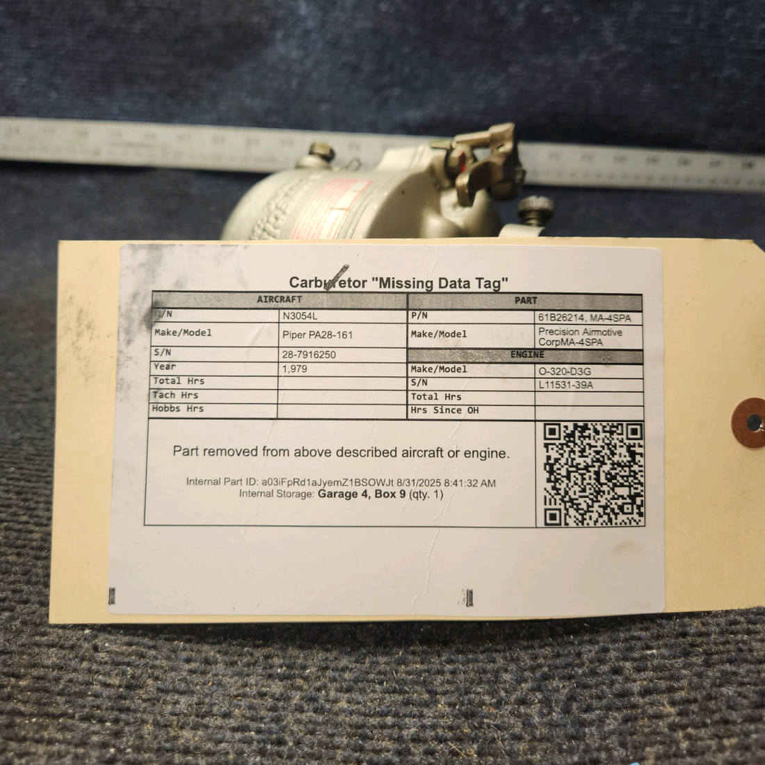 Used aircraft parts for sale, 61B26214 Precision Airmotive Corp MA-4SPA Piper PA28-161 Carburetor "Missing Data Tag"