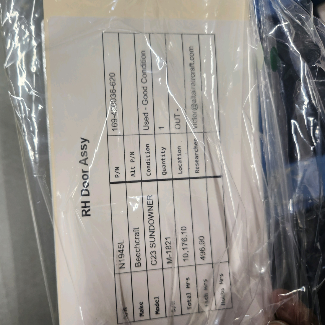 Used aircraft parts for sale, 169-420036-620 Beechcraft C23 SUNDOWNER RH DOOR ASSY