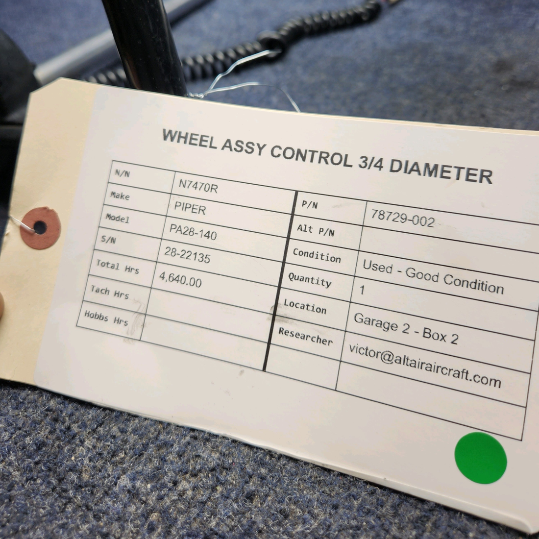 Used aircraft parts for sale, 78729-002 PIPER PA28-140 WHEEL ASSY CONTROL 3/4 DIAMETER