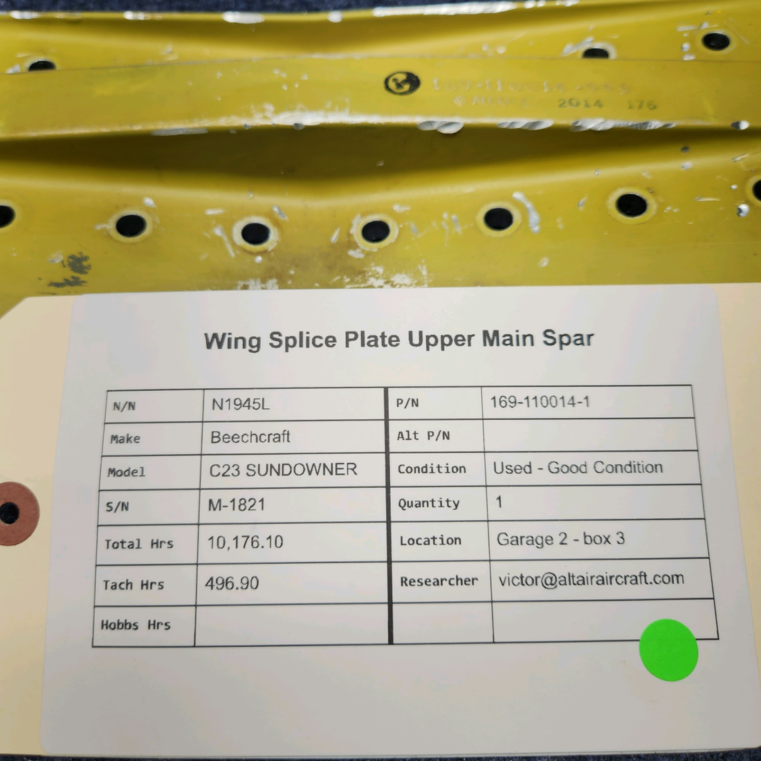 Used aircraft parts for sale, 169-110014-1 Beechcraft C23 SUNDOWNER WING SPLICE PLATE UPPER MAIN SPAR