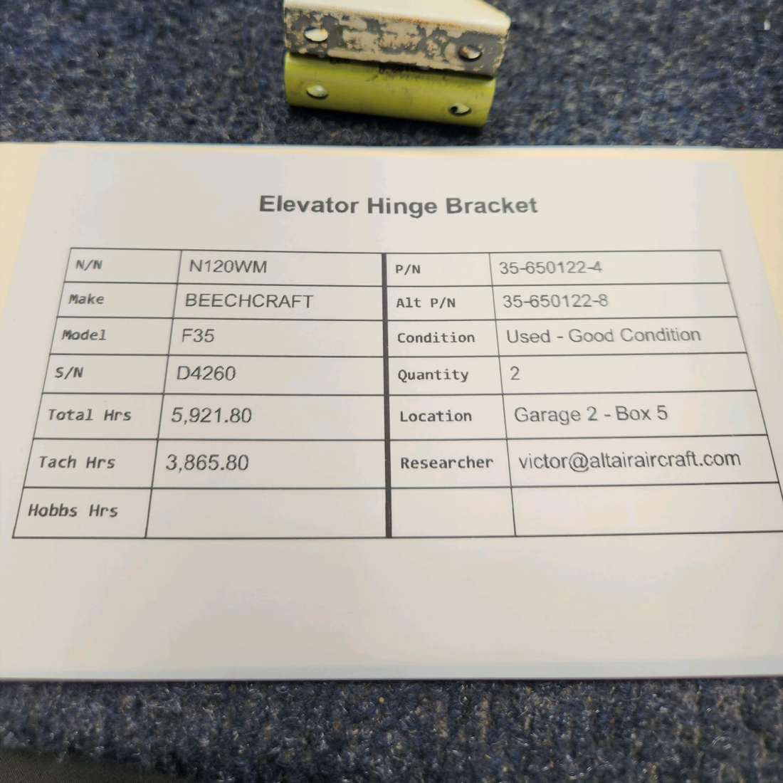 Used aircraft parts for sale, 35-650122-4 BEECHCRAFT F35 ELEVATOR HINGE BRACKET PRICE PER EACH.