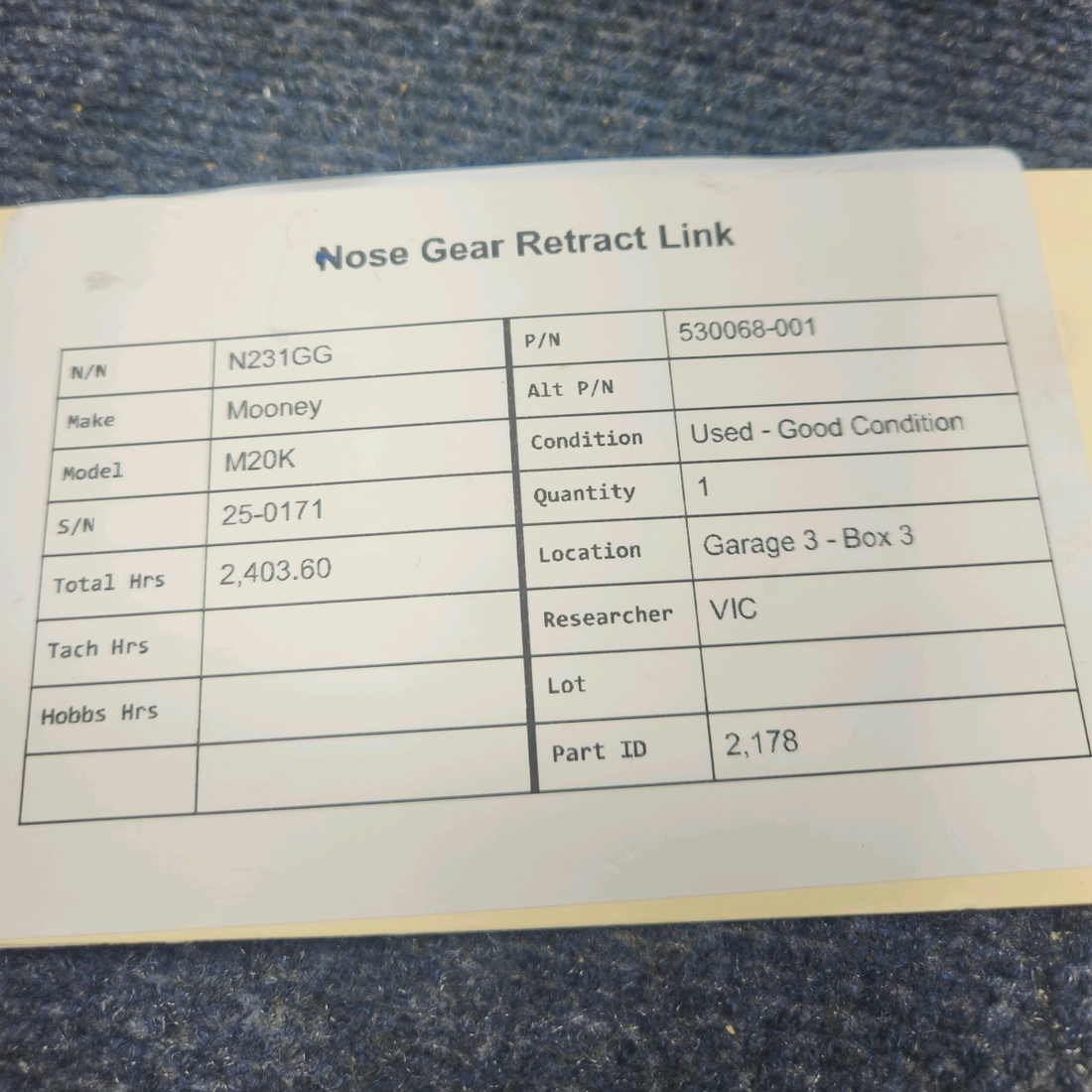 Used aircraft parts for sale, 530068-001 Mooney M20K NOSE GEAR RETRACT LINK