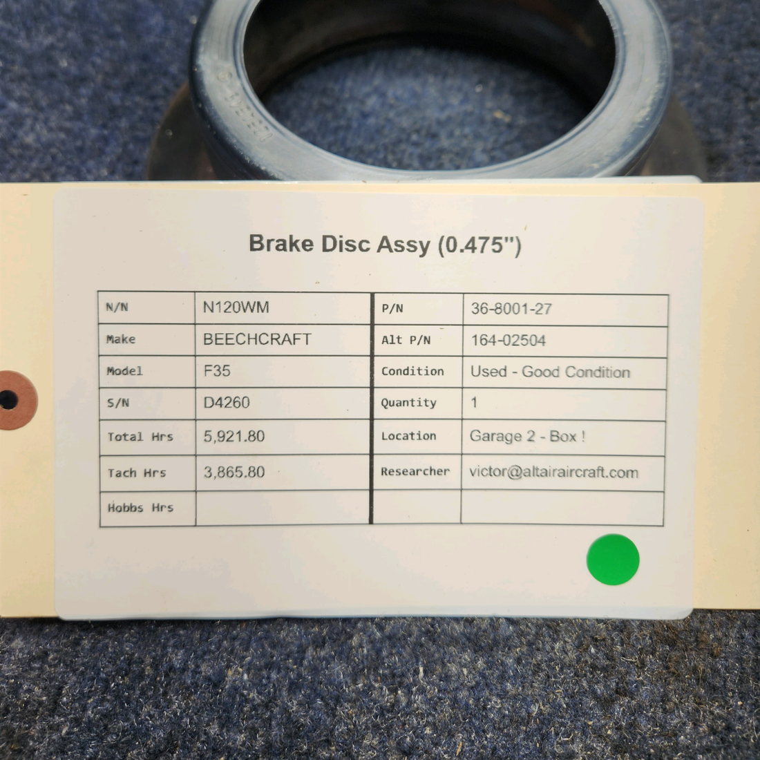 Used aircraft parts for sale, 36-8001-27 BEECHCRAFT F35 BRAKE DISC ASSY (0.475")