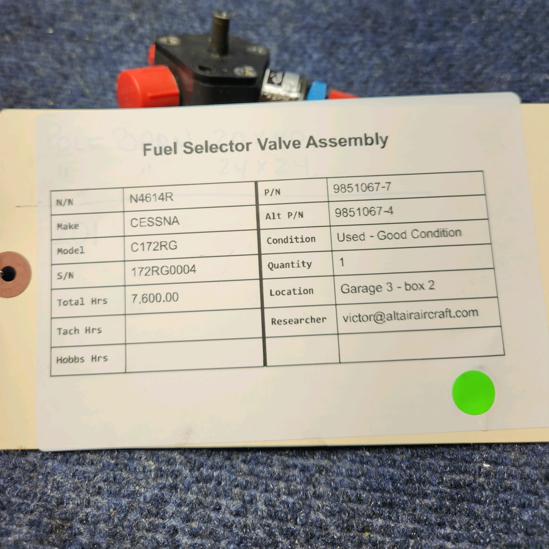 Used aircraft parts for sale, 9851067-7 CESSNA C172RG FUEL SELECTOR VALVE ASSEMBLY