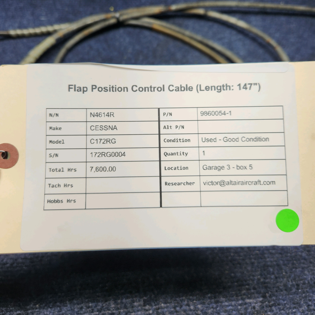 Used aircraft parts for sale, 9860054-1 CESSNA C172RG FLAP POSITION CONTROL CABLE LENGTH: 147"