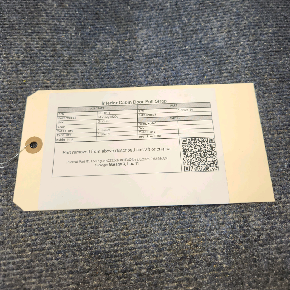 Used aircraft parts for sale, 130107-501 Mooney M20J Interior Cabin Door Pull Strap
